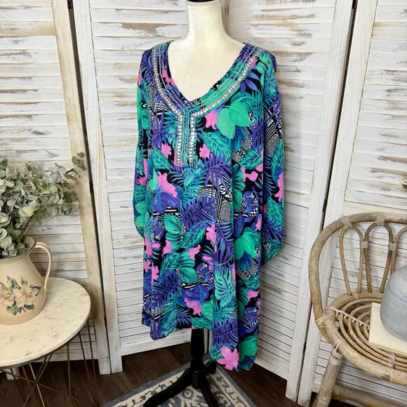 SWIMSUITS FOR ALL NWT Women's PLUS 22 24 Cover Up Top Caftan Cotton Multicolor - Picture 6 of 13